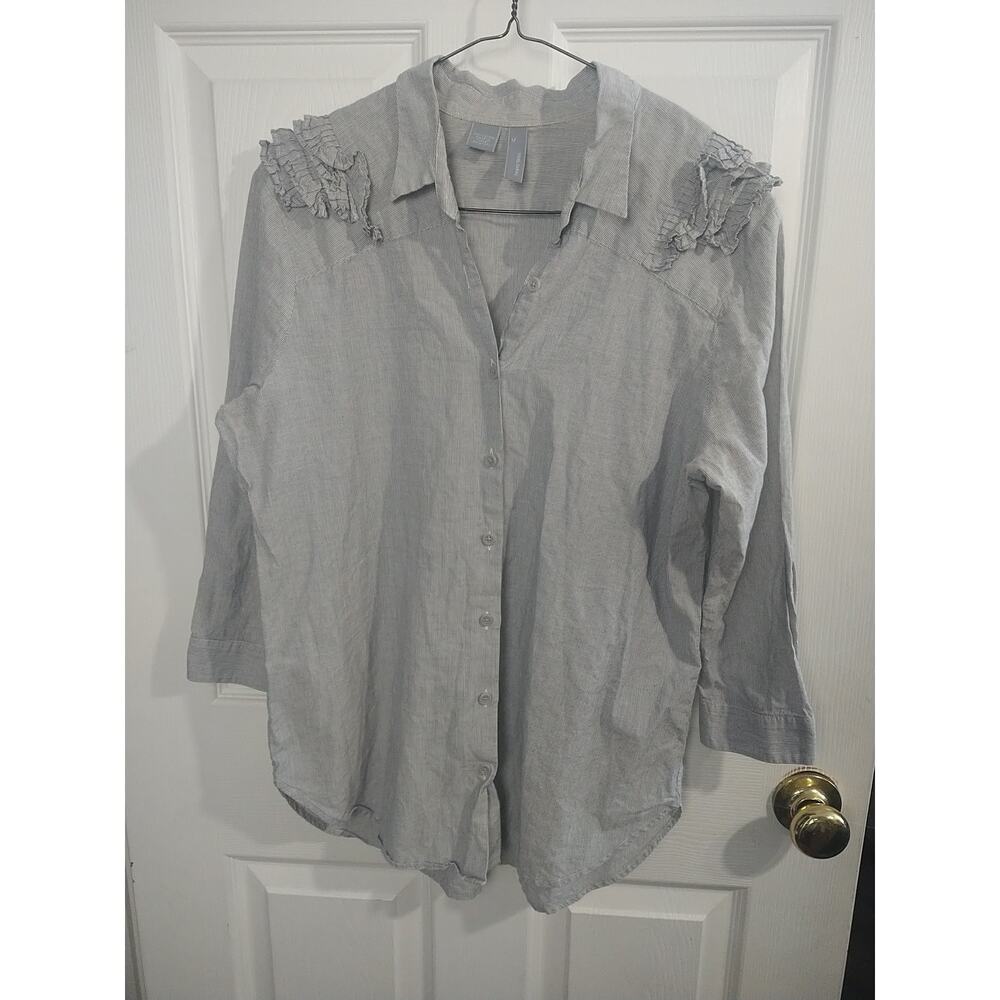 Sibel Saral Blouse Micro Stripe Ruffle Shoulder 3/4 Sleeve Button Front-med